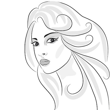 simsearch:400-04820689,k - Beauty girl face sketch, woman face vector portrait. Hair wavy. Design element Foto de stock - Royalty-Free Super Valor e Assinatura, Número: 400-04417853