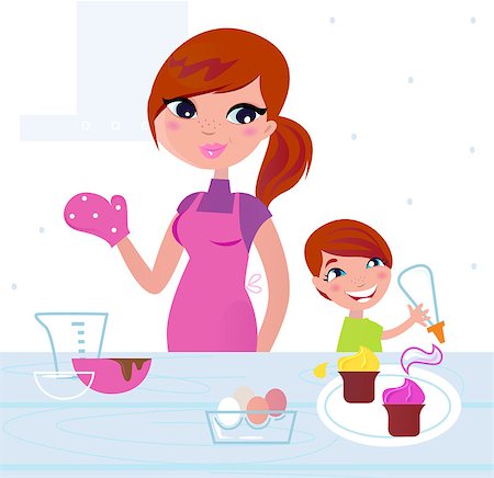 Mom and son baking birthday cookies. Vector Illustration Photographie de stock - Aubaine LD & Abonnement, Code: 400-04418250