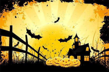 simsearch:400-06084547,k - Grungy Halloween background with pumpkins  bats house and full moon Stock Photo - Budget Royalty-Free & Subscription, Code: 400-04418870