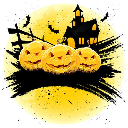 simsearch:400-05680756,k - Grungy Halloween background with pumpkins  house bats and full moon Stock Photo - Budget Royalty-Free & Subscription, Code: 400-04418873