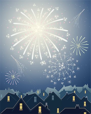 an illustration of beautiful fireworks in a night time starry sky over the rooftops of a city skyline Stock Photo - Budget Royalty-Free & Subscription, Code: 400-04418979