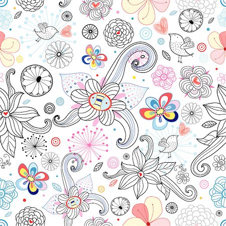 seamless floral graphic pattern with birds and hearts and a white background Stock Photo - Budget Royalty-Free & Subscription, Code: 400-04419104