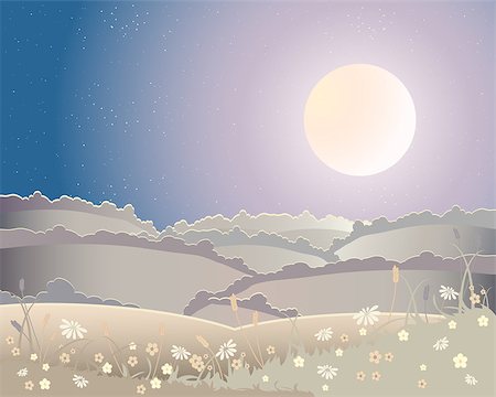flowers in moonlight - an illustration of a harvest moon landscape with rolling hills and flowers under a starry sky Photographie de stock - Aubaine LD & Abonnement, Code: 400-04419202
