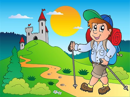 Cartoon hiker boy near castle - vector illustration. Stock Photo - Budget Royalty-Free & Subscription, Code: 400-04419361