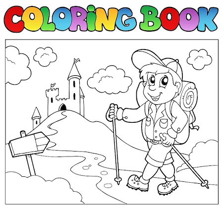 Coloring book with hiker boy - vector illustration. Foto de stock - Super Valor sin royalties y Suscripción, Código: 400-04419371