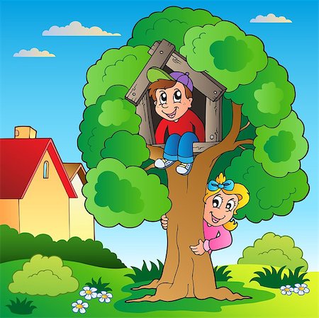 Garden with two kids and tree - vector illustration. Stock Photo - Budget Royalty-Free & Subscription, Code: 400-04419388