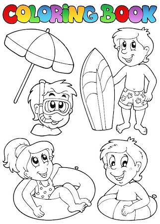 Coloring book with swimming kids - vector illustration. Stock Photo - Budget Royalty-Free & Subscription, Code: 400-04419381