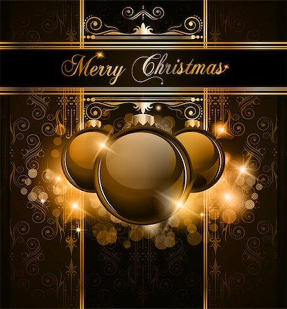 simsearch:400-07920008,k - Elegant Merry Christmas and Happy New Year background with vintage seamless wallpaper and glossy baubles. Fotografie stock - Microstock e Abbonamento, Codice: 400-04419754
