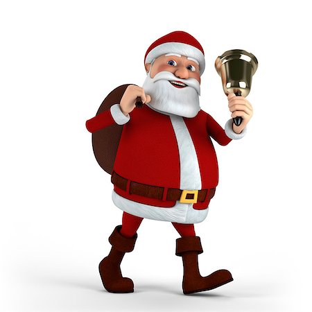 Cartoon Santa Claus with bell and sack on white background - high quality 3d illustration Stock Photo - Budget Royalty-Free & Subscription, Code: 400-04419798