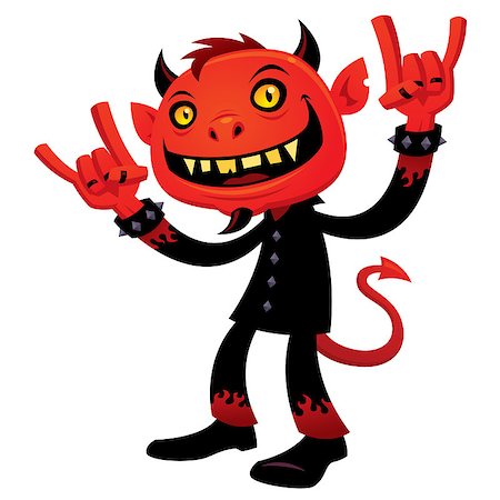 Vector cartoon illustration of a grinning devil character with heavy metal, rock and roll, devil horns hand signs. Stock Photo - Budget Royalty-Free & Subscription, Code: 400-04419966