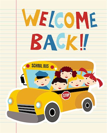 simsearch:400-05915243,k - Welcome Back to school bus with children background. Hand drawn text. Foto de stock - Super Valor sin royalties y Suscripción, Código: 400-04411576