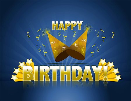 Happy birthday logo sign with golden stars ans rays of light and party hats Stock Photo - Budget Royalty-Free & Subscription, Code: 400-04412006