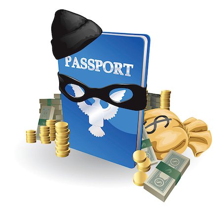 Identity theft concept. Passport with wearing burglar outfit surrounded by stacks of money. Foto de stock - Super Valor sin royalties y Suscripción, Código: 400-04412829