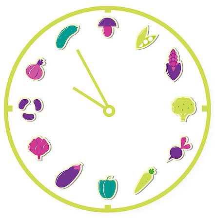 pink radish - Clock showing healthy food, vegetable icons, Vector Illustration. Foto de stock - Super Valor sin royalties y Suscripción, Código: 400-04412847