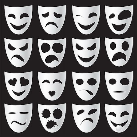 A set of isolated classical white theatre masks expressing different emotions. Also available as a vector in Adobe Illustrator EPS format, compressed in a zip file. The vector version can be scaled to any size without loss of quality. Stock Photo - Budget Royalty-Free & Subscription, Code: 400-04424139