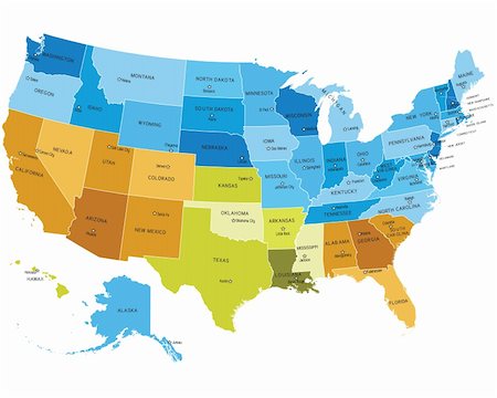 USA states map with names of cities. Eps file contains separate layers with state and sities name, boundaries and layer with counties.   Map source from public domain: http://tinyurl.com/6x66r2y  Software Used : Adobe Illustrator CS3  File Created : 12 August 2011 Foto de stock - Super Valor sin royalties y Suscripción, Código: 400-04424865