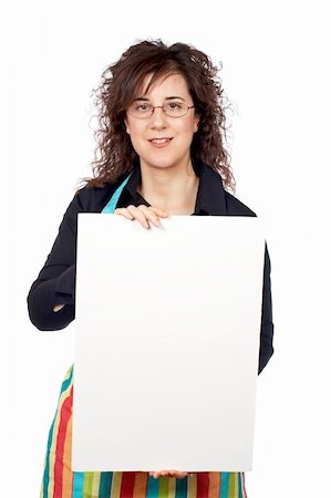 simsearch:400-04116514,k - Housewife in apron holding the blank poster on white background Stockbilder - Microstock & Abonnement, Bildnummer: 400-04428296