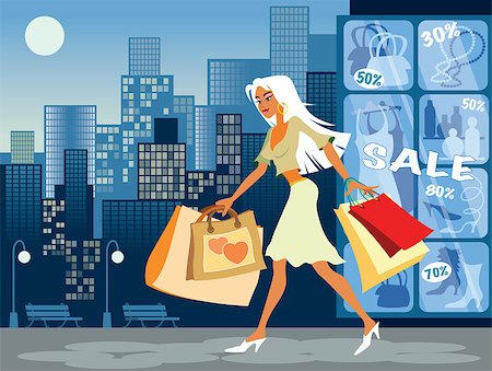 simsearch:400-04269886,k - Vector illustration of girl with shopping bags on the sales Foto de stock - Super Valor sin royalties y Suscripción, Código: 400-04429292
