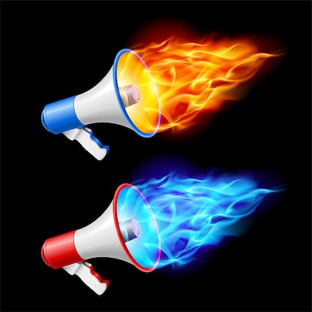 Megaphones in red and blue flame. Illustration on black background Stock Photo - Budget Royalty-Free & Subscription, Code: 400-04420129