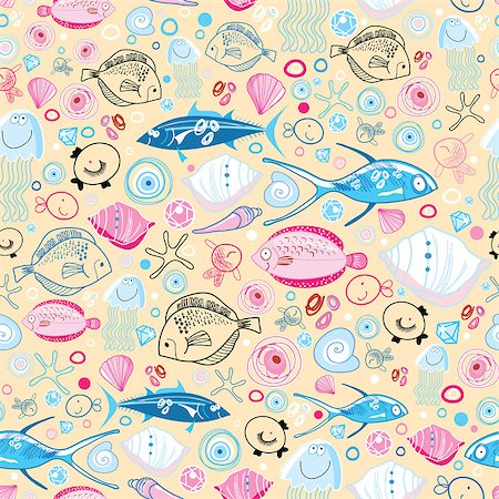 drawing of sea fish - seamless pattern with marine fish and mussels in a light yellow background Stock Photo - Budget Royalty-Free & Subscription, Code: 400-04421265