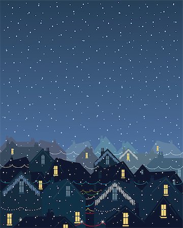 snow house window - an illustration of rooftops in the city in winter with christmas lights on a still snowy evening Stock Photo - Budget Royalty-Free & Subscription, Code: 400-04421400