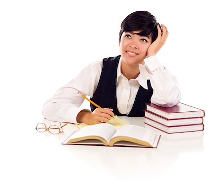 Daydreaming Mixed Race Young Adult Female At White Table with Books Looking Up and Away Isolated on a White Background. Stock Photo - Budget Royalty-Free & Subscription, Code: 400-04421487