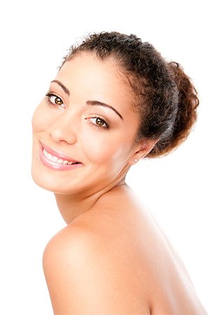 smiling young latina models - Happy smiling woman with pimple acne free healthy skin showing shoulder and back, skincare concept, isolated. Stock Photo - Budget Royalty-Free & Subscription, Code: 400-04421752