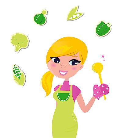 Cute blond woman cooking healthy food. Vector Illustration. Photographie de stock - Aubaine LD & Abonnement, Code: 400-04421962
