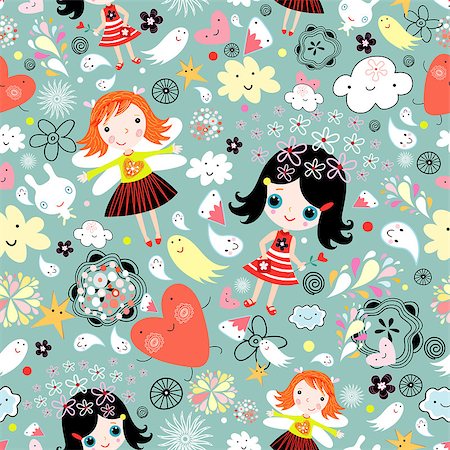 flower design in dresses with illustration dresses - seamless pattern of the gay girls and toys on a light blue background Stock Photo - Budget Royalty-Free & Subscription, Code: 400-04422650