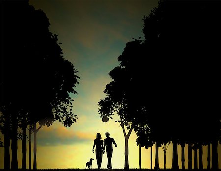 Editable vector illustration of a couple walking through a wood at dawn or dusk with sky made using a gradient mesh Stock Photo - Budget Royalty-Free & Subscription, Code: 400-04422695