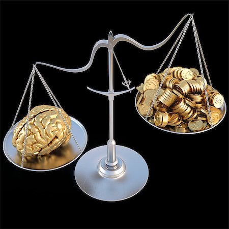 scale 3d - golden brains outweigh the pile of gold coins on the scale. isolated on black. Stock Photo - Budget Royalty-Free & Subscription, Code: 400-04423037