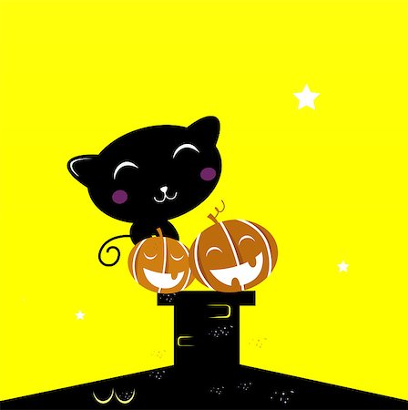 simsearch:400-04141076,k - Black cat with Halloween Pumpkin heads. Vector Illustration. Stockbilder - Microstock & Abonnement, Bildnummer: 400-04423575