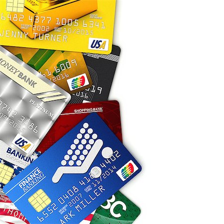 simsearch:400-04994290,k - A bunch of fake credit cards over white with clipping path - all logos, names, number and designs are fake Fotografie stock - Microstock e Abbonamento, Codice: 400-04423742