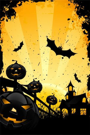 simsearch:400-06084547,k - Grungy Halloween background with pumpkins  bats house and full moon Stock Photo - Budget Royalty-Free & Subscription, Code: 400-04423789