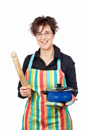 simsearch:400-04139196,k - Housewife in apron holding a blue pan and wooden rolling Foto de stock - Royalty-Free Super Valor e Assinatura, Número: 400-04434822