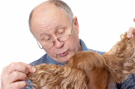 simsearch:400-04435288,k - Bald senior man with dog. Emotional portraits series. Isolated on white. Photographie de stock - Aubaine LD & Abonnement, Code: 400-04435288