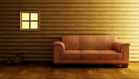 modern couch beside log wall Stock Photo - Budget Royalty-Free & Subscription, Code: 400-04435889