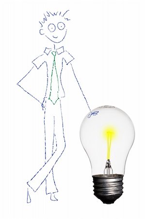 simsearch:400-05290154,k - Man wearing suit and tie leaning on a light bulb. Photograph of crayon drawn man with real light bulb. Isolated on a white background. Stock Photo - Budget Royalty-Free & Subscription, Code: 400-04437403