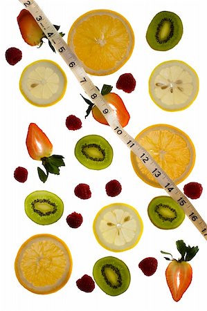 simsearch:400-04763797,k - Fresh strawberries, kiwis, oranges, lemons and raspberries with a tape measure  - delicious and nutritious snack. Foto de stock - Royalty-Free Super Valor e Assinatura, Número: 400-04432367