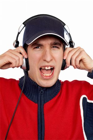 Disc jockey with headphones  shouting on white background Stock Photo - Budget Royalty-Free & Subscription, Code: 400-04433425
