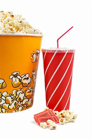 Popcorn bucket with two tickets and soda on white background Stock Photo - Budget Royalty-Free & Subscription, Code: 400-04444044