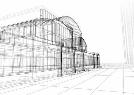 3D rendering wireframe of office building, white background. Concept - modern architecture, designing. Stock Photo - Budget Royalty-Free & Subscription, Code: 400-04444381