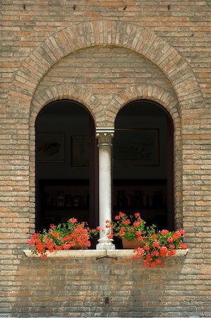 raven - ancient double lancet window adorned with geraniums ravenna italy Photographie de stock - Aubaine LD & Abonnement, Code: 400-04446641