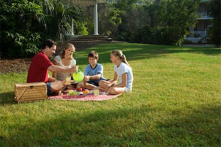 simsearch:400-04953081,k - Caucasian family of four having picnic in park. Foto de stock - Royalty-Free Super Valor e Assinatura, Número: 400-04448903