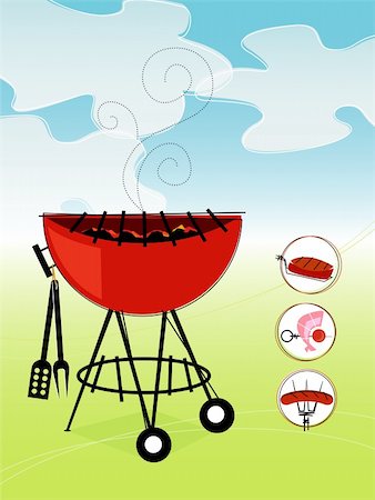 Stylized barbeque with green lawn and blue sky. Items are grouped so you can use them independently from the background. Includes a set of bbq icons. Layered file for easy edit--no transparencies or strokes! Foto de stock - Super Valor sin royalties y Suscripción, Código: 400-04441987