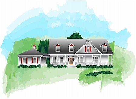 dormir - Watercolor background compliments a lovely stucco home with rocking chair front porch and attached garage. Background is on a work path. Stock Photo - Budget Royalty-Free & Subscription, Code: 400-04454081