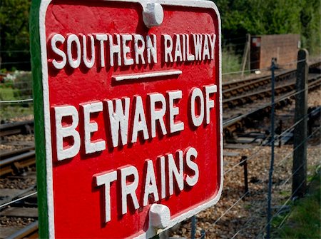 Beware Warning Sign informing of Trains Stock Photo - Budget Royalty-Free & Subscription, Code: 400-04455723