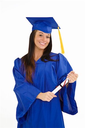 A female caucasian in blue graduation gown and very excited.  She is on a white background. Stock Photo - Budget Royalty-Free & Subscription, Code: 400-04455972