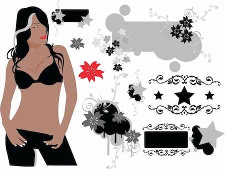 Vectorized design elements and a sexy woman with long, black hair, with hands on hip. Stock Photo - Budget Royalty-Free & Subscription, Code: 400-04458056