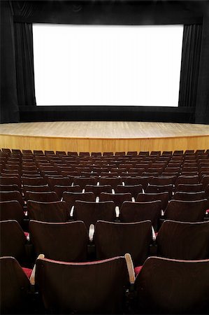 simsearch:862-03713209,k - empty movie screen, black open curtain, wooden stage, wooden seats Stock Photo - Budget Royalty-Free & Subscription, Code: 400-04452786